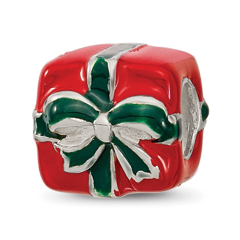 Silver Reflections Green & Red Enameled Present Bead QRS2950
