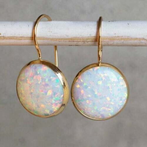 Deliciate 4Ct Round Cut Opal Drop & Dangle Earrings Solid 14K Yellow Gold Finish