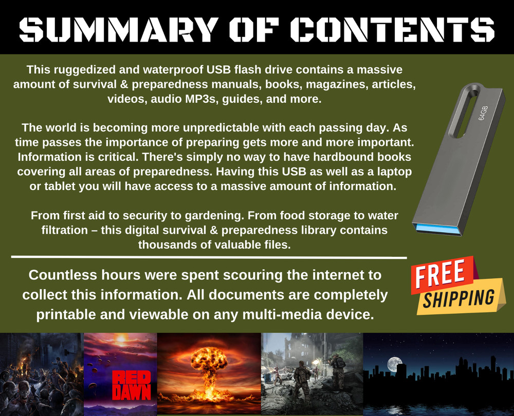 Survival & Preparedness Ruggedized Waterproof Digital Information Library USB