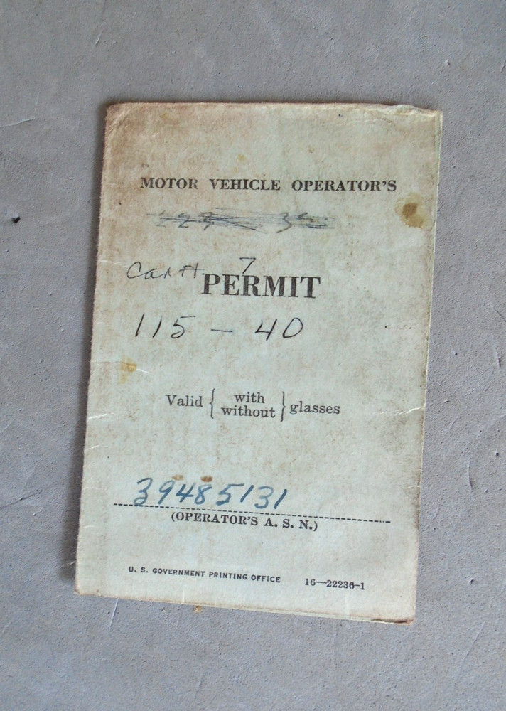 US Motor Vehicle Operators Permit, dated 1946