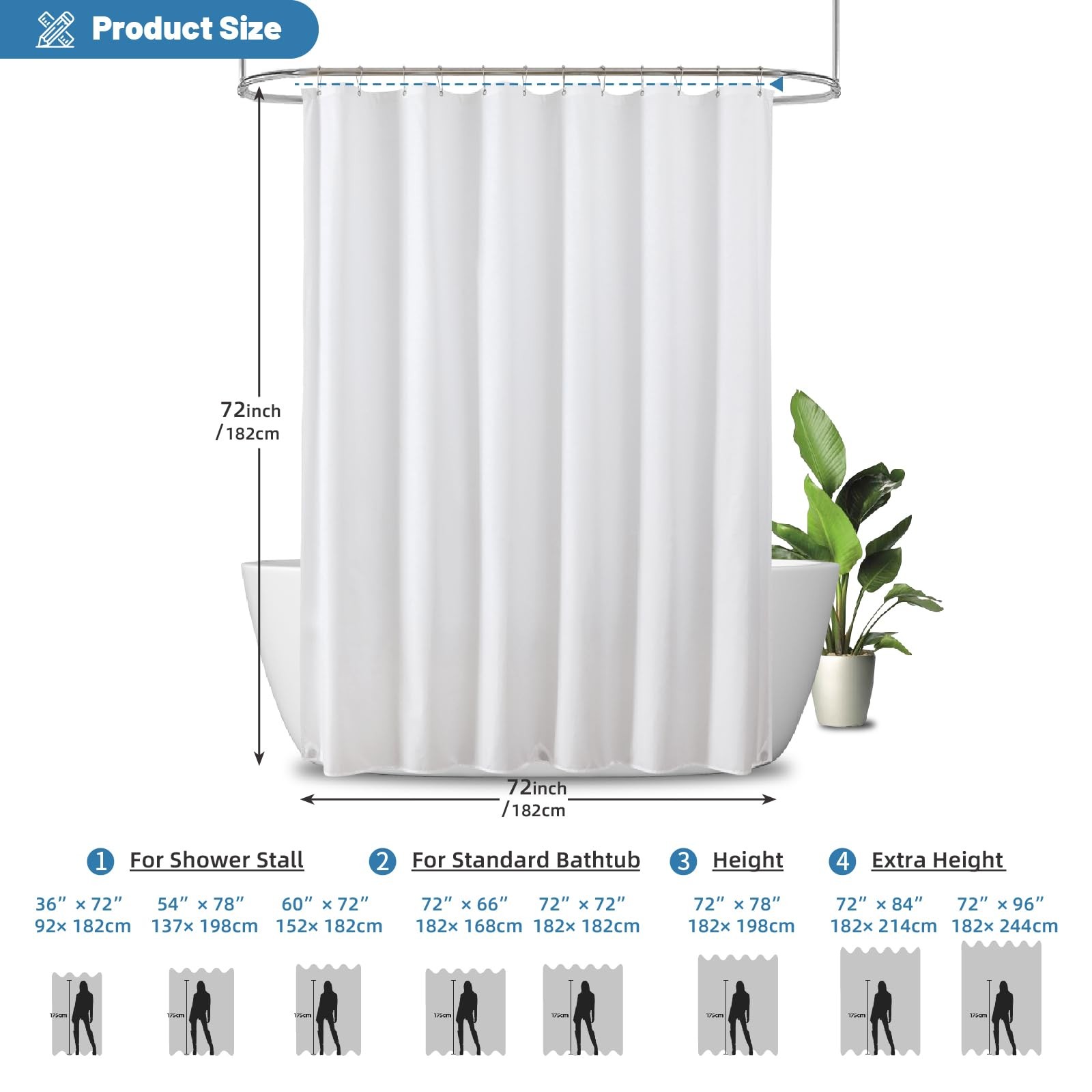 Fabric Shower Curtain Liner Solid White Hotel Quality Mildew Resistant Washable