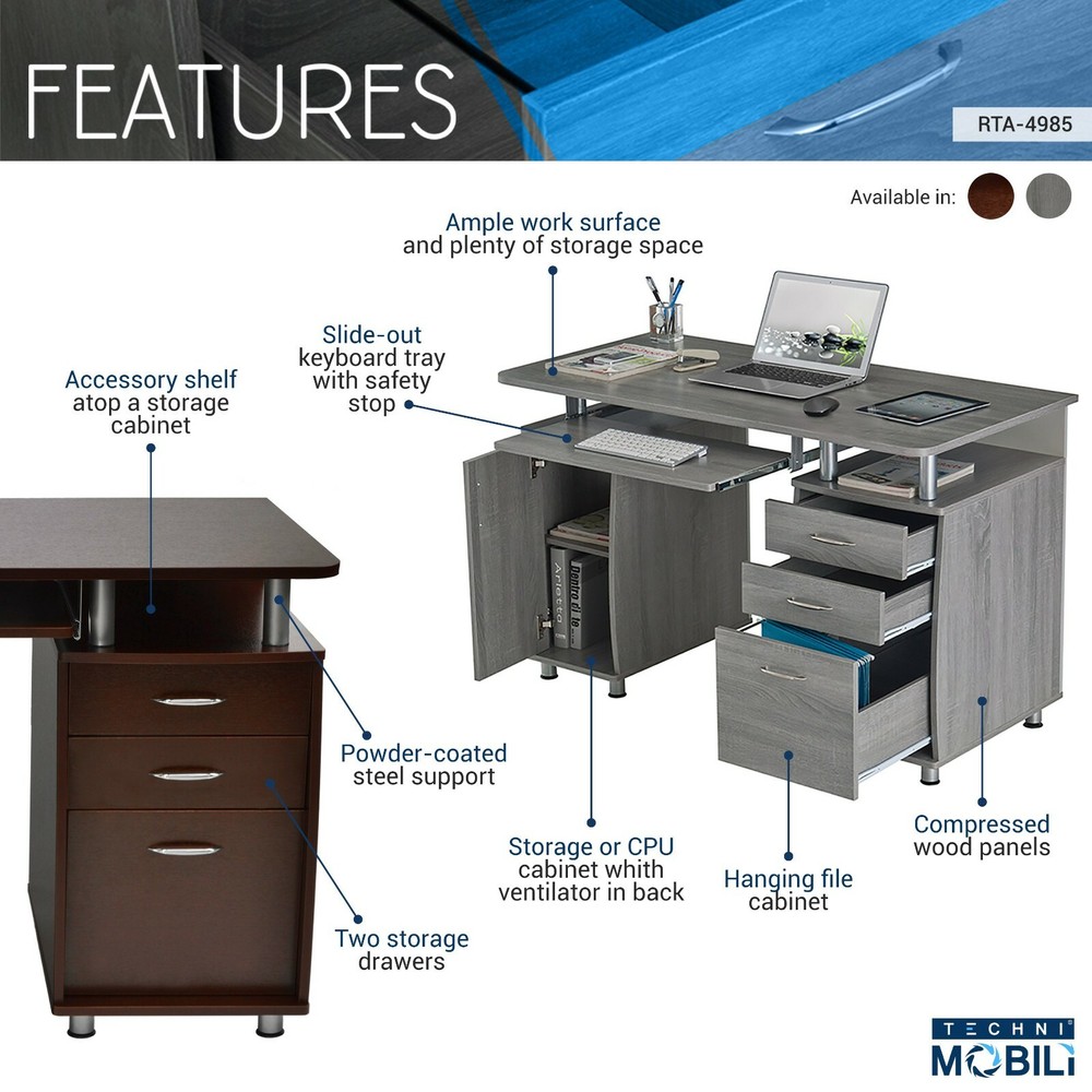 Techni Mobili Complete Computer Desk Workstation with Multiple Storage Drawers
