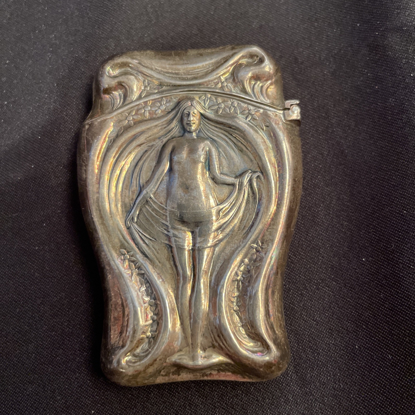 Wallace Sterling Silver Art Nouveau Match Safe Nude Woman Wing-Like Hair 1.5 oz.