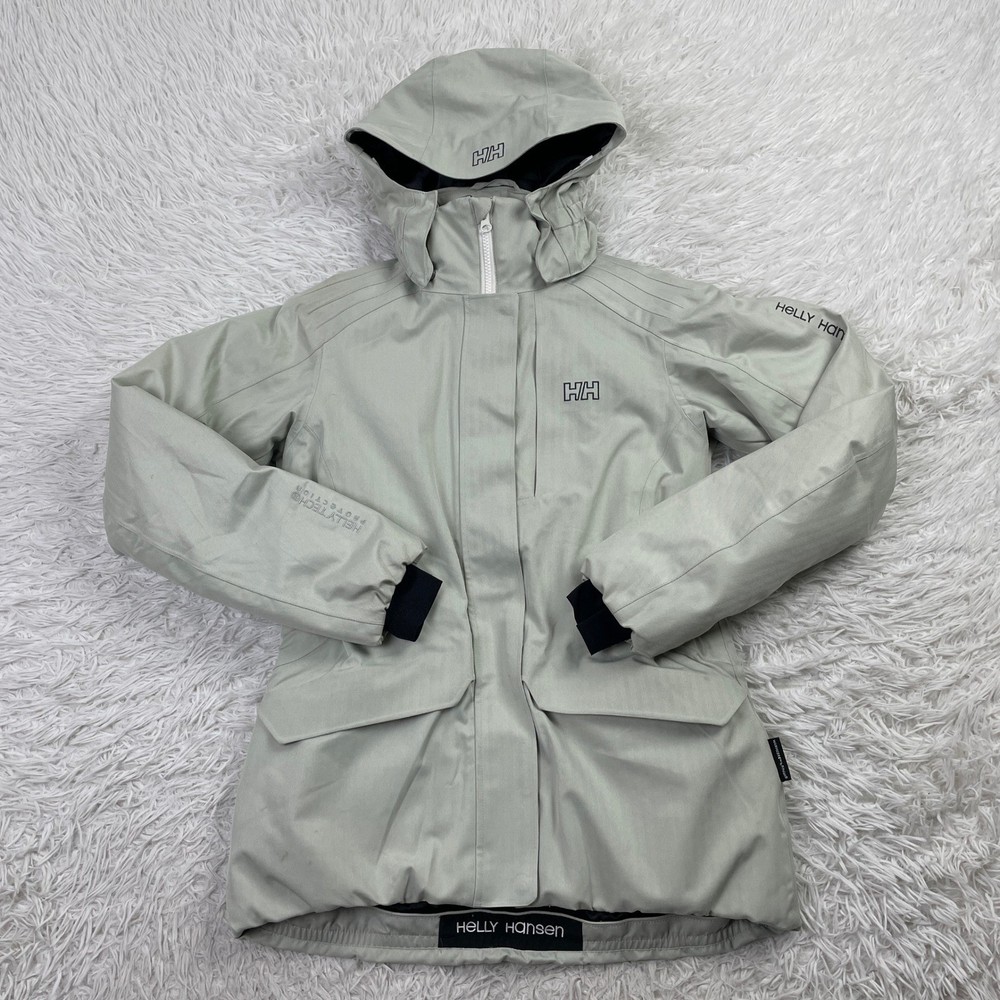 Helly Hansen Jacket Womens Medium Gray Double Collar Hooded Helly Tech Insulated