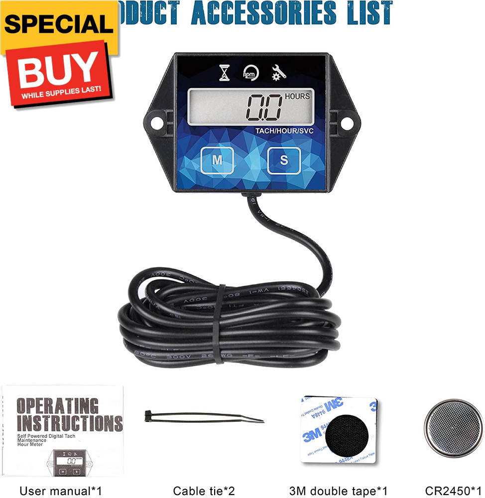 Small Engine Hour Meter, Digital Tachometer, Maintenance Reminder, Battery Repla
