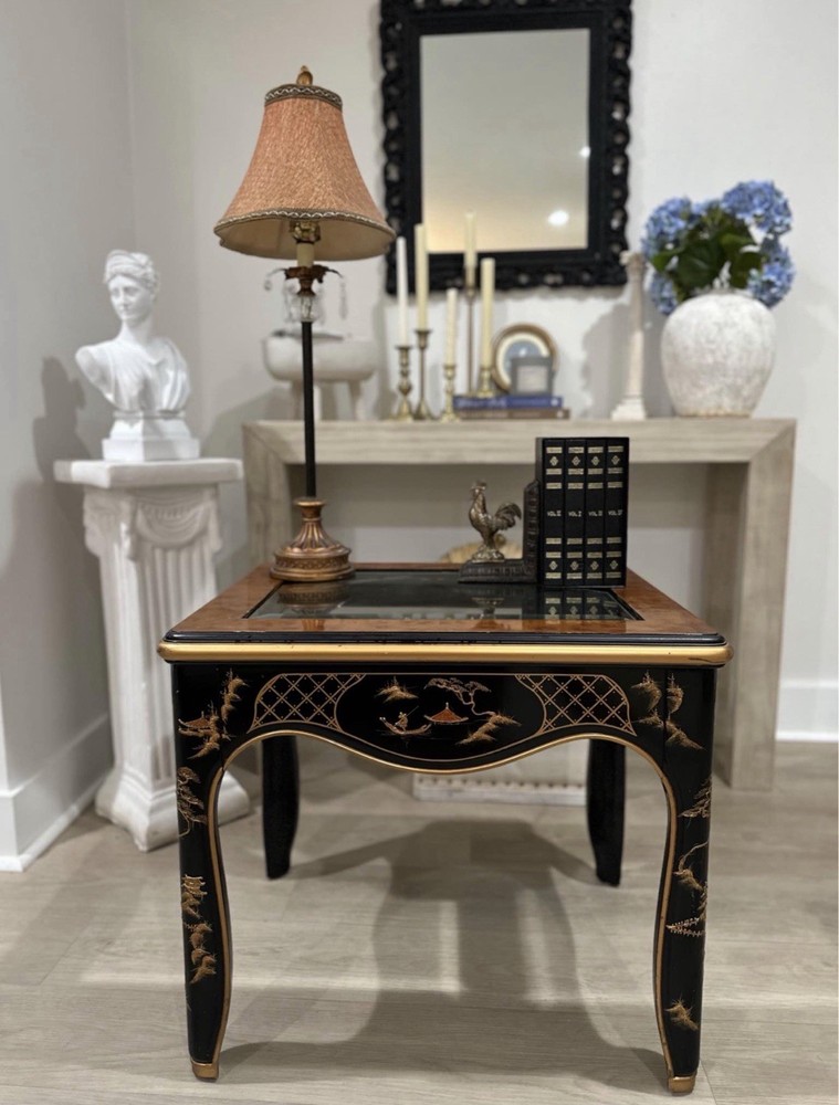 Chinoiserie Hand Painted Glass Top Side Table