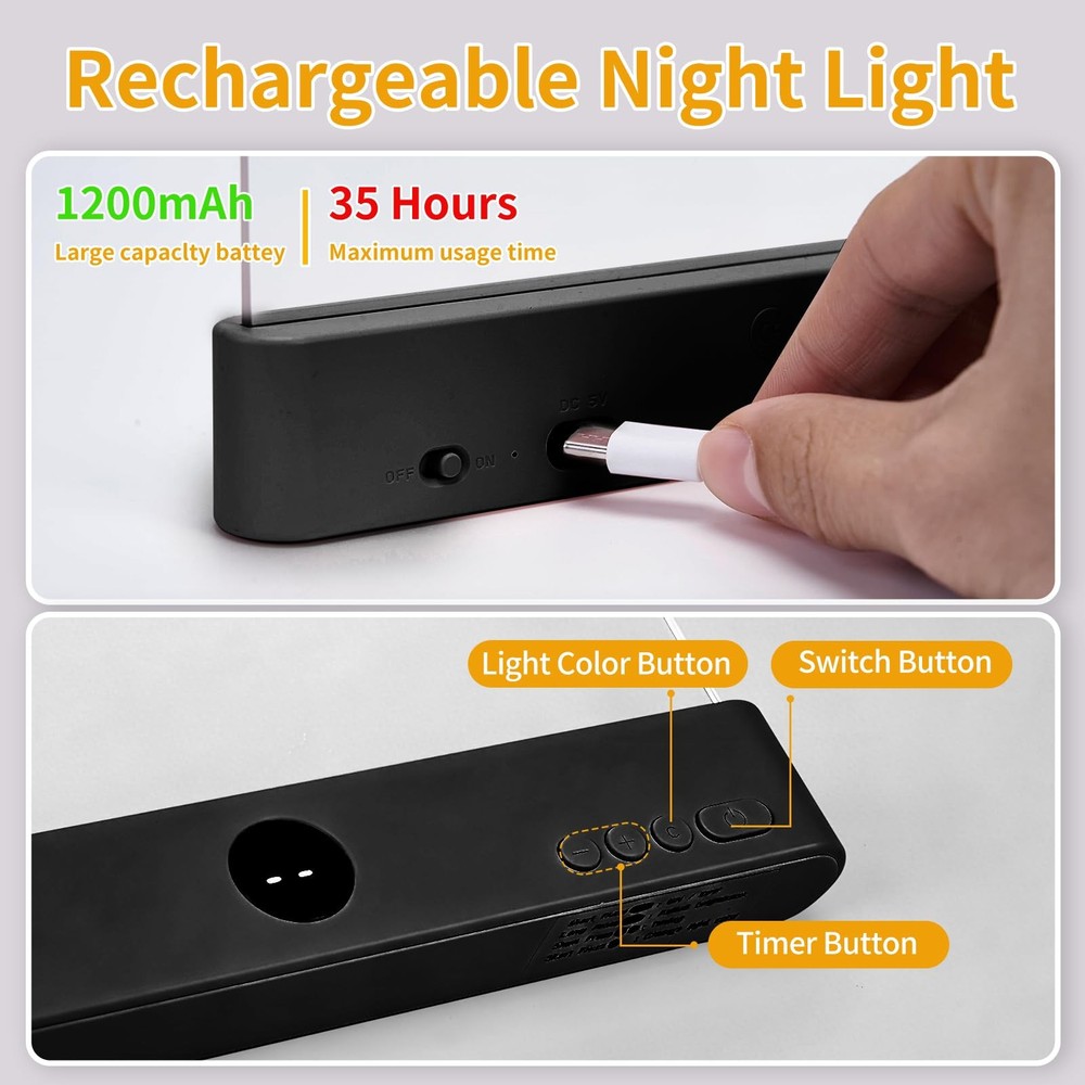 Book Light Rechargeable LED Flat Reading Bed 3 Colors Timer Panel Plate Lamp