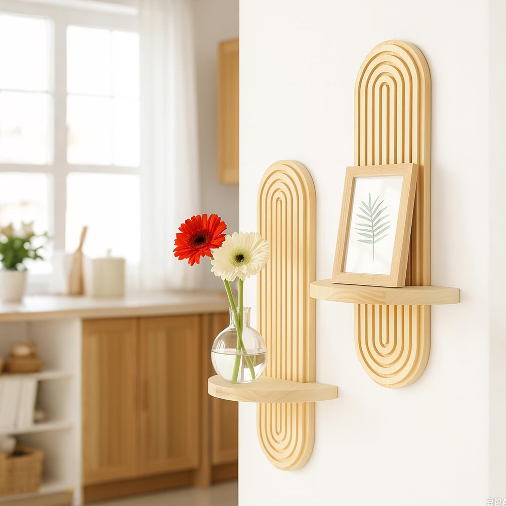 2 Pack Boho Shelf Wall Decor - Handmade Solid Wood Floating Shelves Rainbow A...