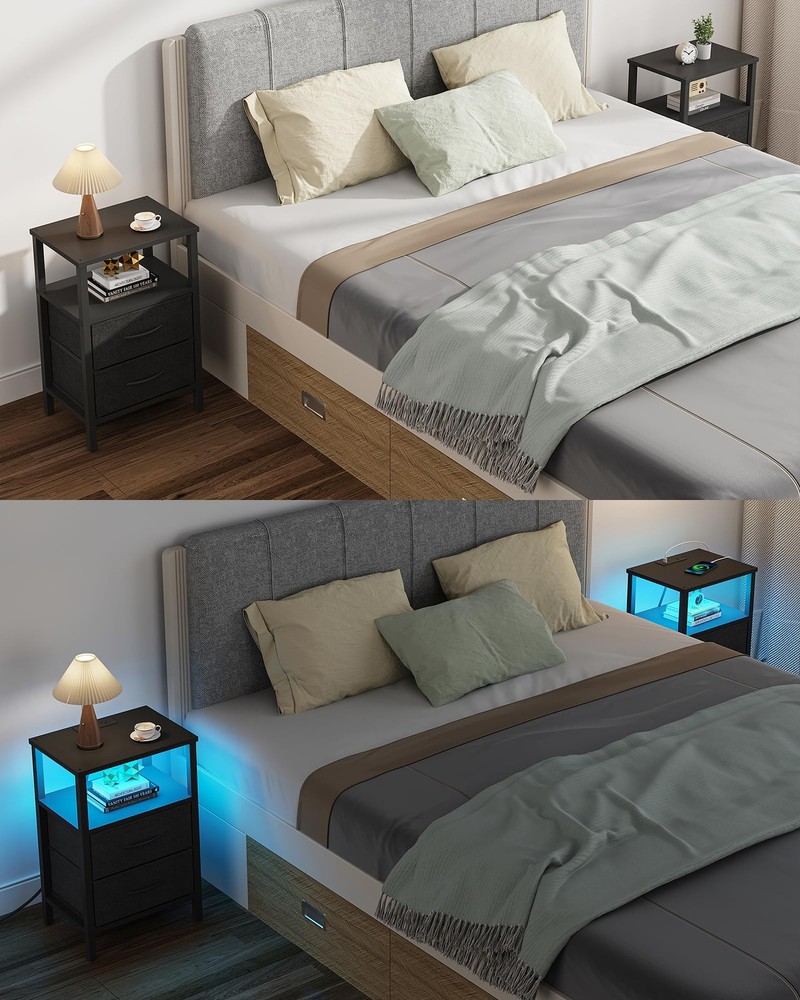 LED End Table with Charging Station, Nightstand with Cloth Drawer, Side Table...