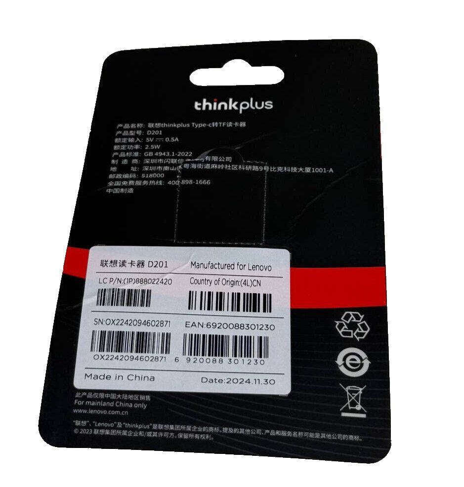 Lenovo Type C Card Reader USB-C TF Micro SD Reader New Sealed