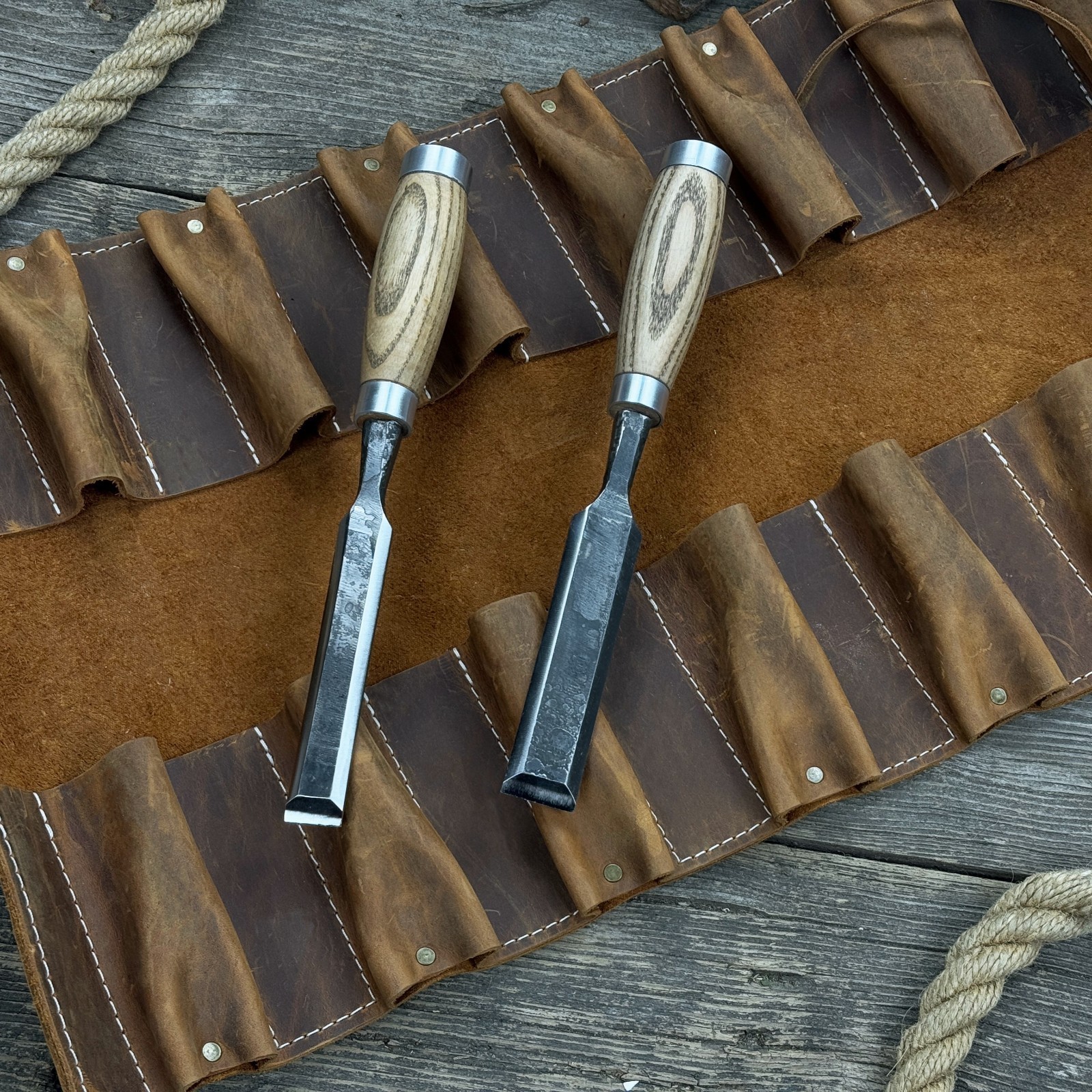 Crazy Horse Leather Chisel Tool Roll 15-Pocket Workshop Organizer