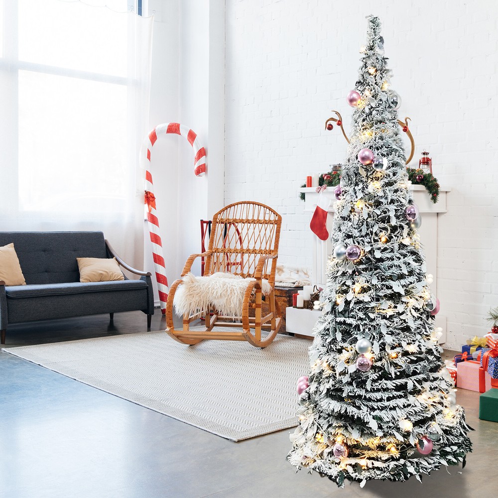 6FT Pre-Lit Flocked Fully Decorated Pull Up Christmas Tree Collapsible Xmas Tree