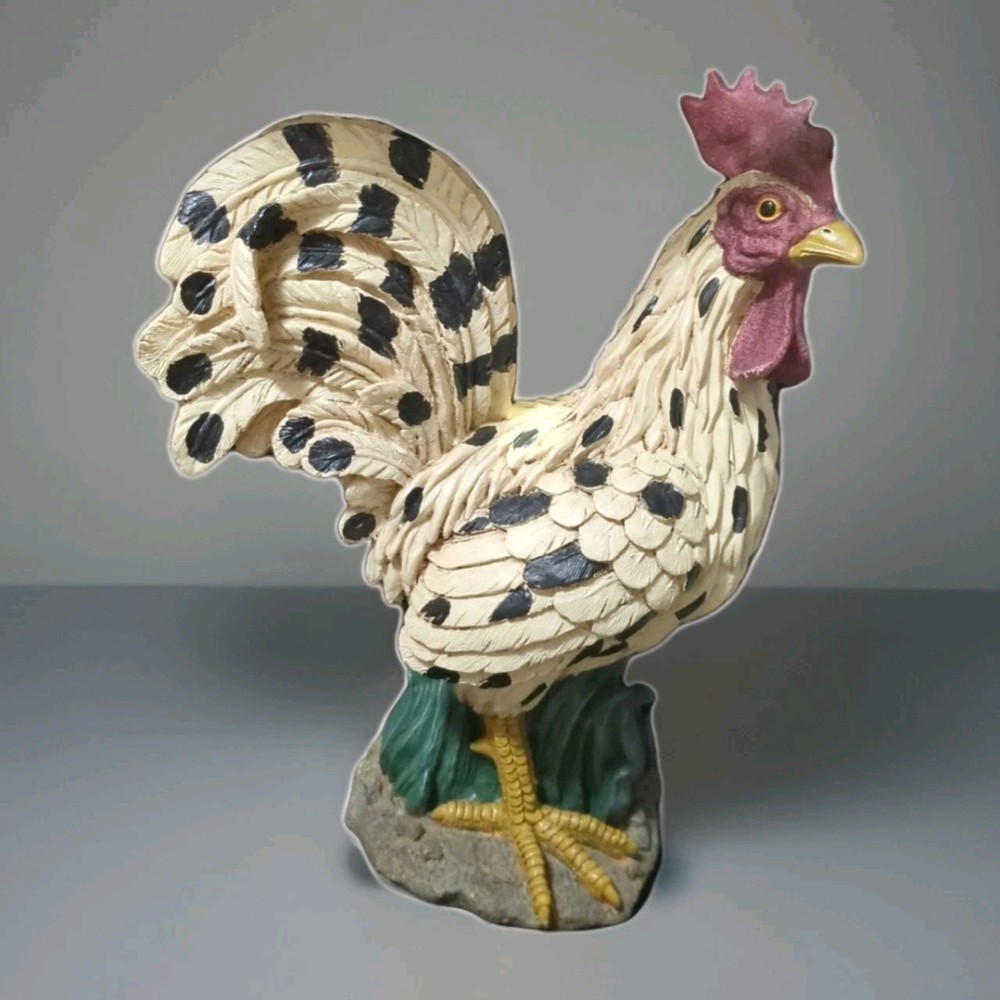 Rooster Figurine White With Black Spots