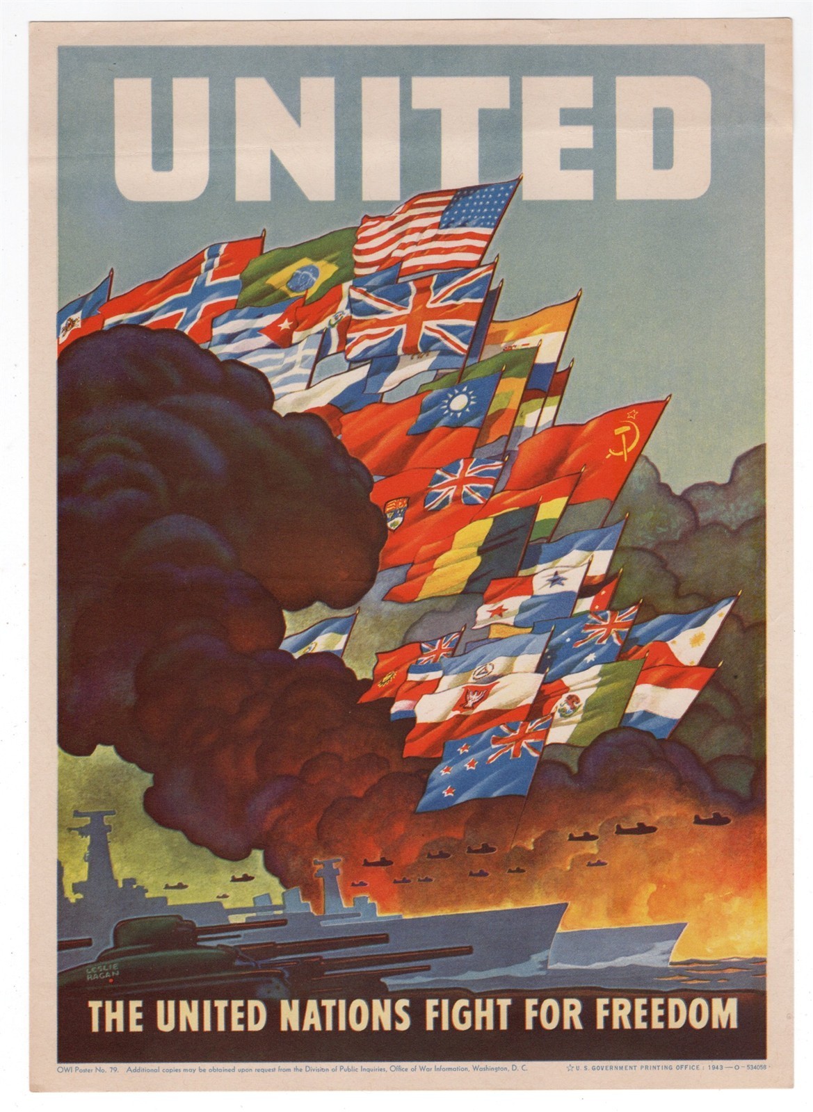 ORIGINAL WW II PROPAGANDA POSTER THE UNITED NATIONS FIGHT FOR FREEDOM 1943