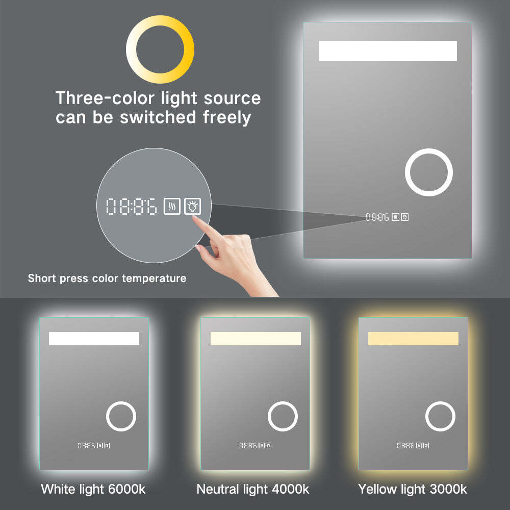 LED Lighted Frameless Smart Bathroom Mirror - Time/Temperature/Magnifying