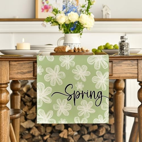 Hand-Painted Daisy Flower 210 GSM Spring Table 13" x 72", Table Runner Green