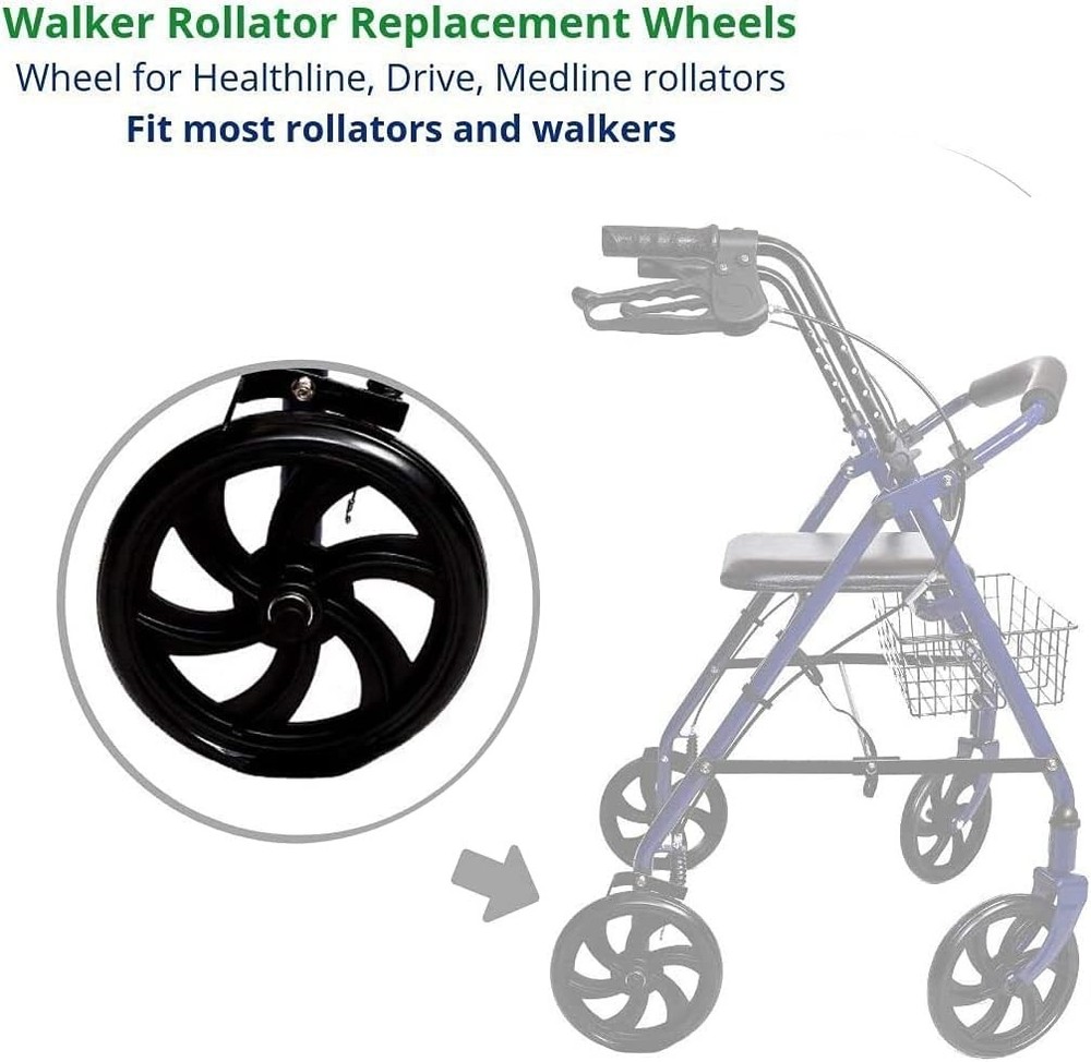 Solid 7.5" Black Flat-Free Wheels for Rollator Mobility - Sturdy Design Included