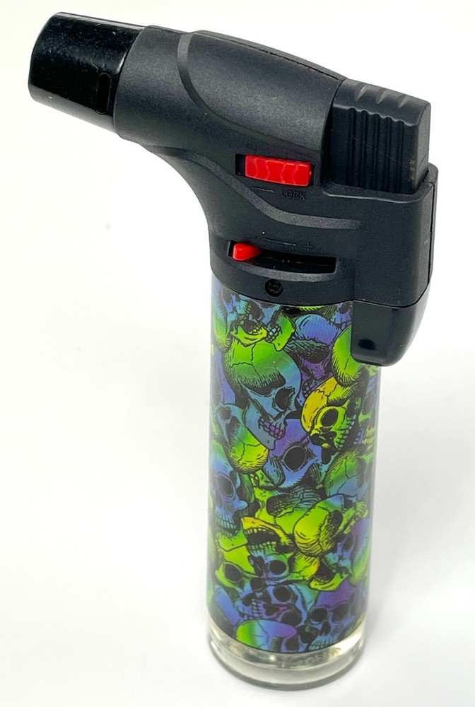 4 Pack Jumbo 4" Single Jet Flame Torch Gun Lighter Refillable Lockable Skull