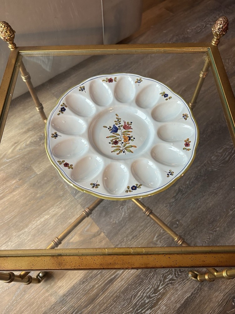 Hand-painted ceramic deviled egg plate with floral design