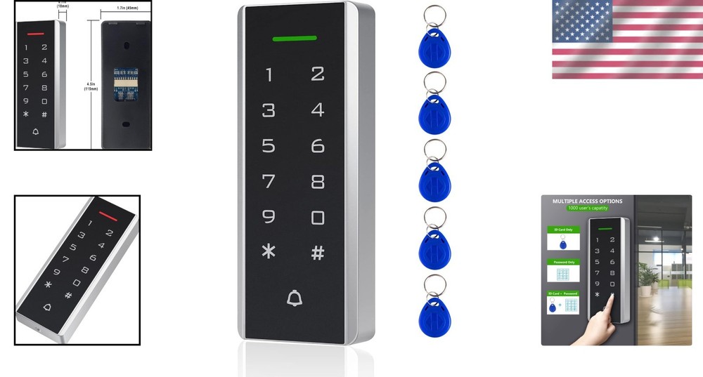 Compact Access Control Keypad Supports 1000 Users & Includes 5 ID Keychains