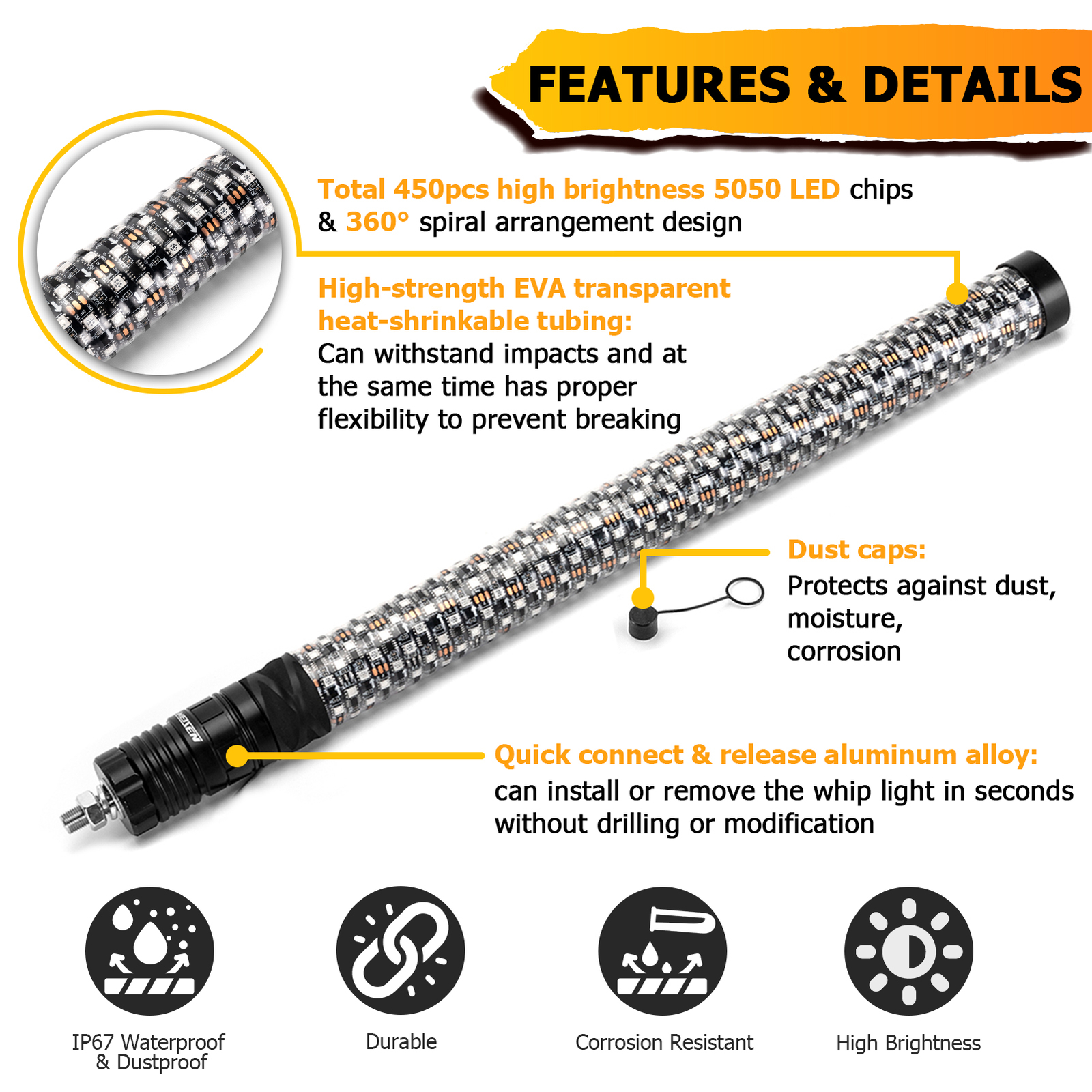 Pair 2FT Spiral LED Fat Whip Light Antenna RGB Chasing For Can-am X3 RZR UTV ATV