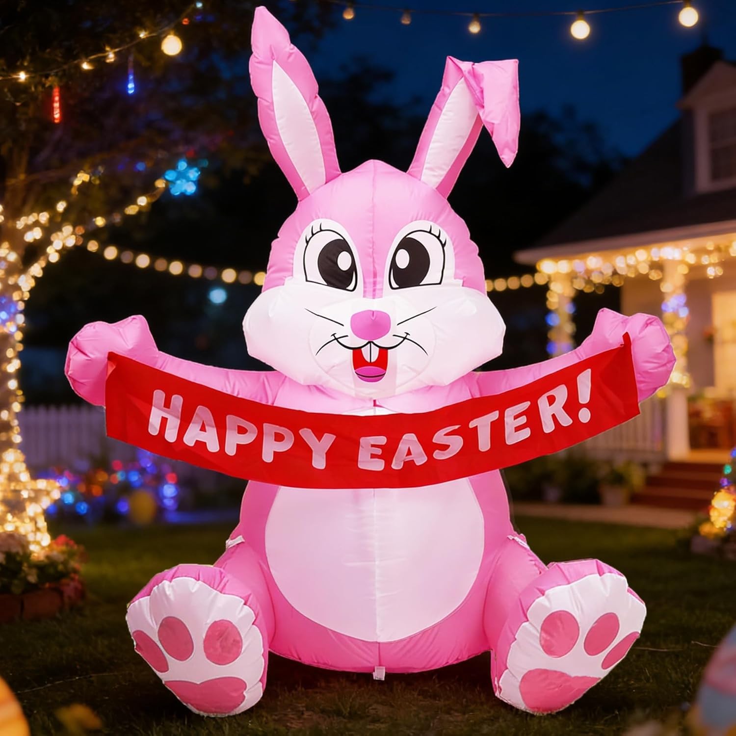 5 FT Easter Pink Bunny Inflatable Lighted Yard Decorations LED Blow up Rabbit