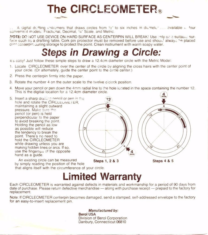 Berol Rapidesign Circleometer - Drafting Measuring Compass - Metric - RC-4 NOS