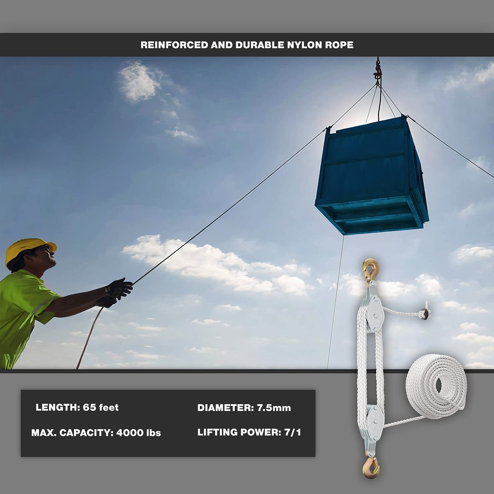 SoB Block and Tackle Pulley System for Lifting Objects - 4000LB Breaking Stre...