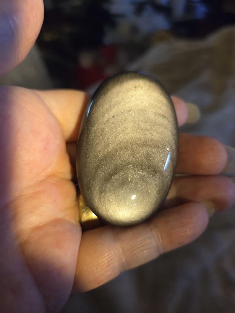 BEAUTIFUL SILVER SHEEN OBSIDIAN PALM STONE 57 GRAMS