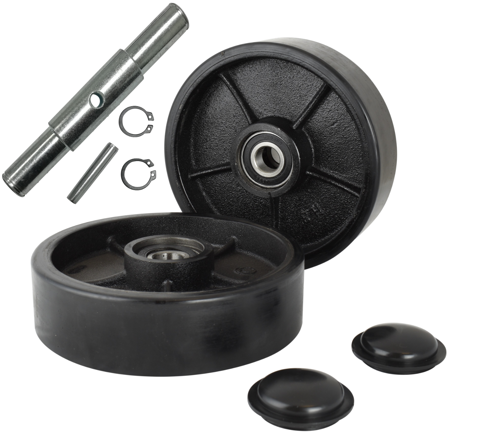 Pallet Jack/Truck Poly Wheels Full Set with Axles, Bearings, Entry Rollers, Caps