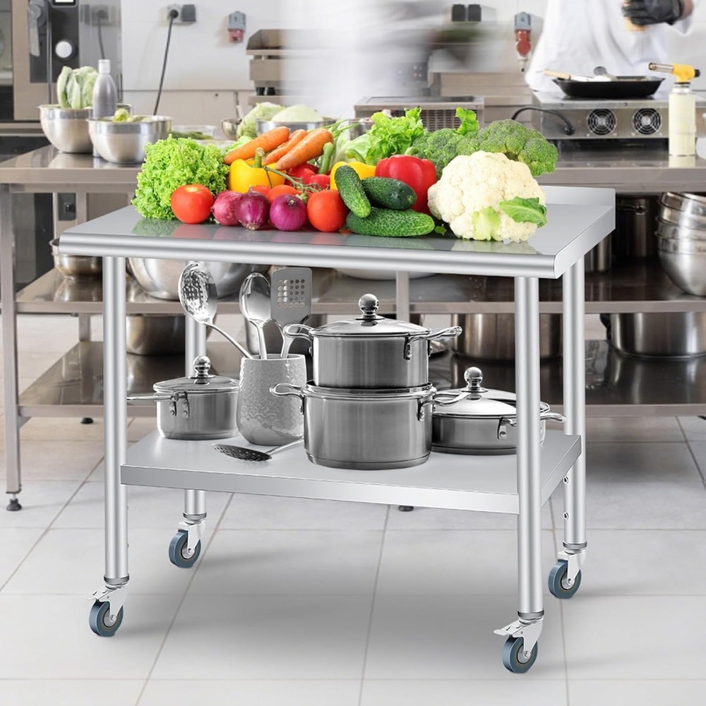 Stainless Steel Kitchen Restaurant Prep Work Table with 4 Wheels and Backsplash