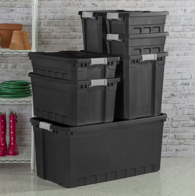 7.5 Gallon Stacker Tote, Durable Plastic Bin with Latch Lid, Black, 6 Pack