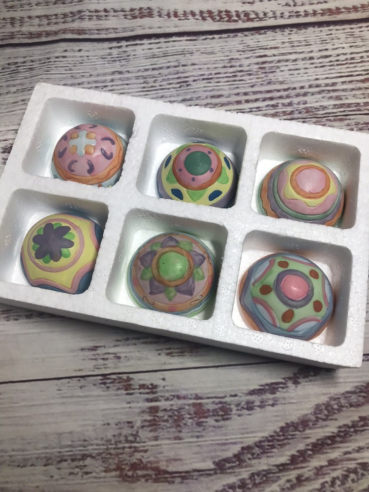 NEW Open BOX Ceramic Easter Egg Candles 6 pc. Unscented Hand Painted Colors