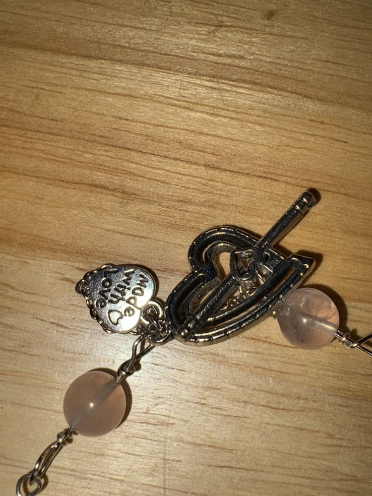7” Pink Quartz,wire Wrapped(Silvertone),toggle, Safety Chain