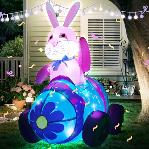 4Ft Easter Inflatables Bunny Decorations with LED 4ft Bunny Driving Car