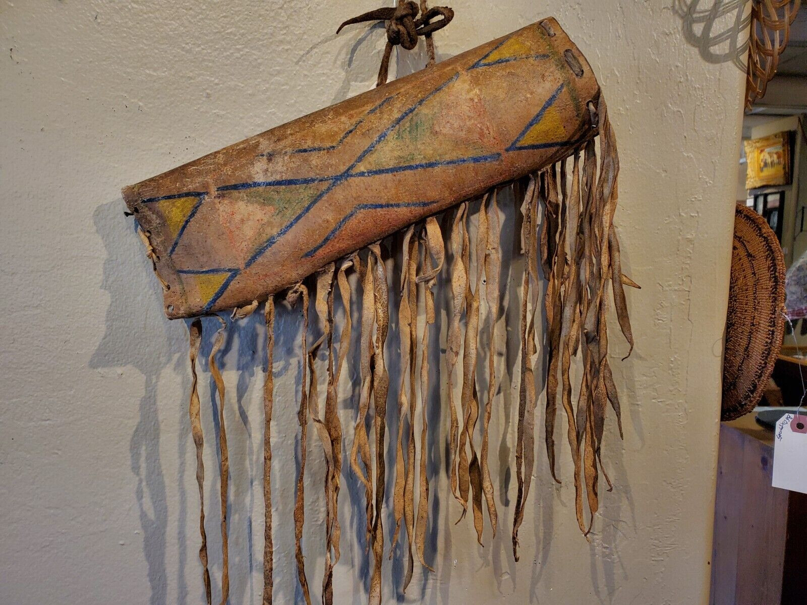 Antique OLD 19c Native American Indian Painted Early parfleche Medicine Cylinder