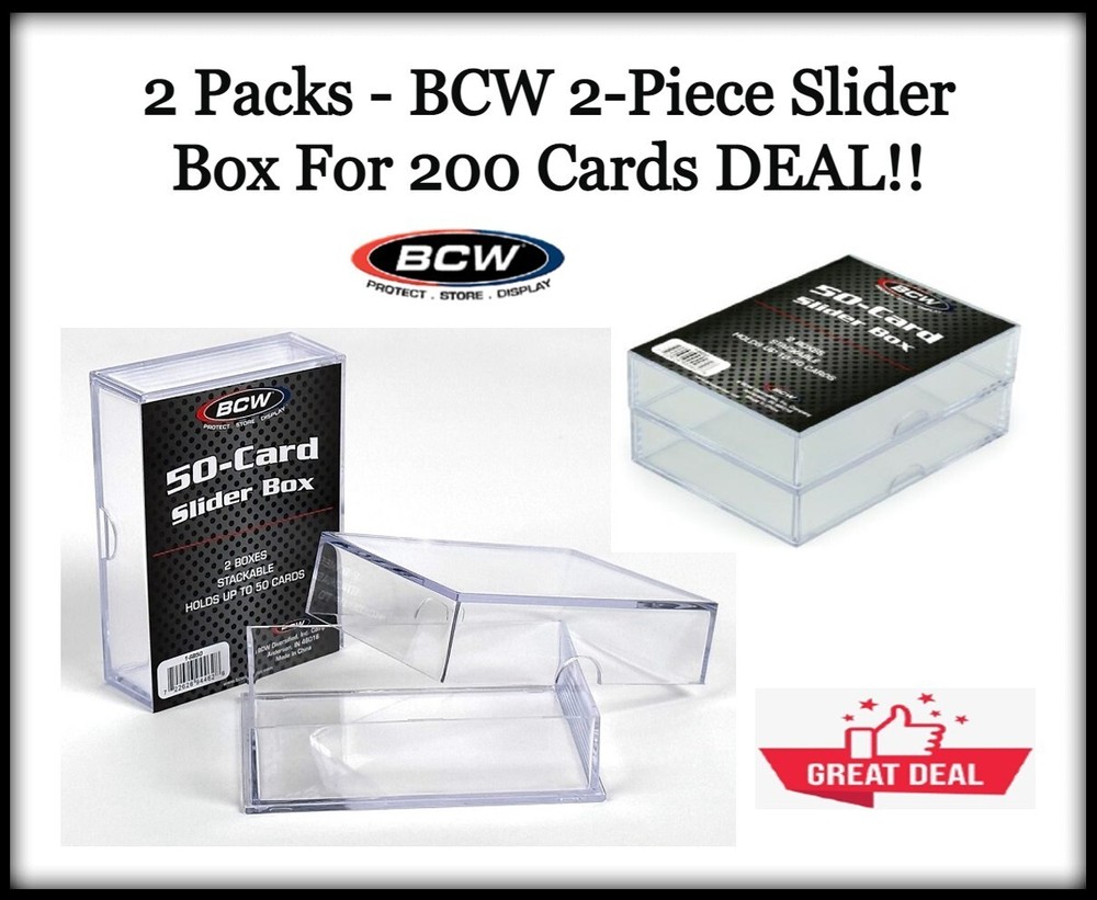 BCW 2-Piece Slider Boxes For 200 Trading Cards Clear & Stackable 2 Packs DEAL