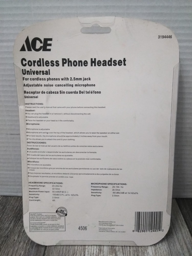 ACE HARDWARE CORP. CORDLESS PHONE HEADSET UNIVERSAL 3194446 (2.5MM JACK) NEW
