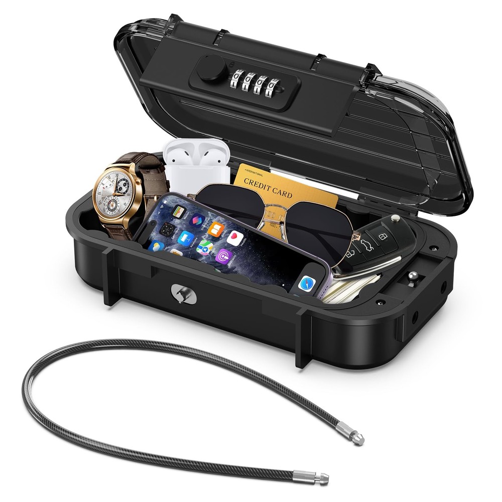 AMIR Portable Lock Box with 4-Digit Resettable Combination, Waterproof Black