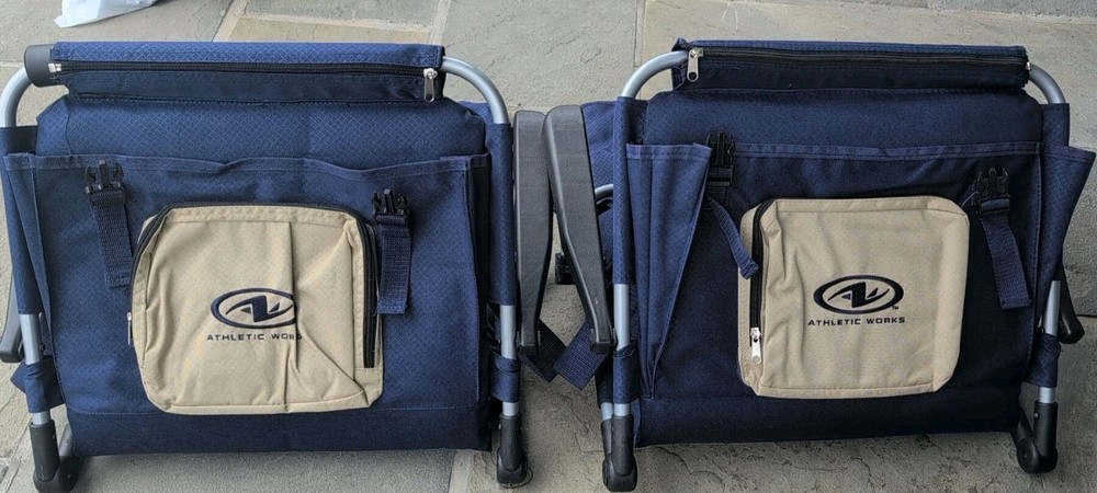 2 Folding Bleacher Or Stadium Seats Blue W/Back Rest wPocket Never Used/Open Pkg