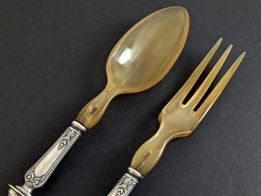Rouyer V.Langrand EMPIRE Salad Serving Set Fork & Spoon Silverplate 1900 CHAMBLY