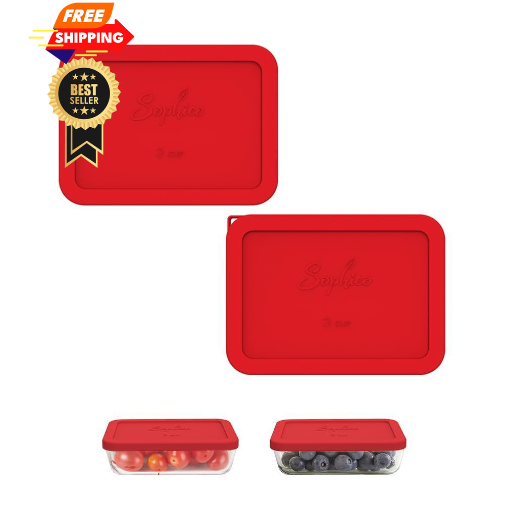 Sophico 3 Cup Rectangle Silicone Storage Cover Lids Replacement RED - 2 PACK