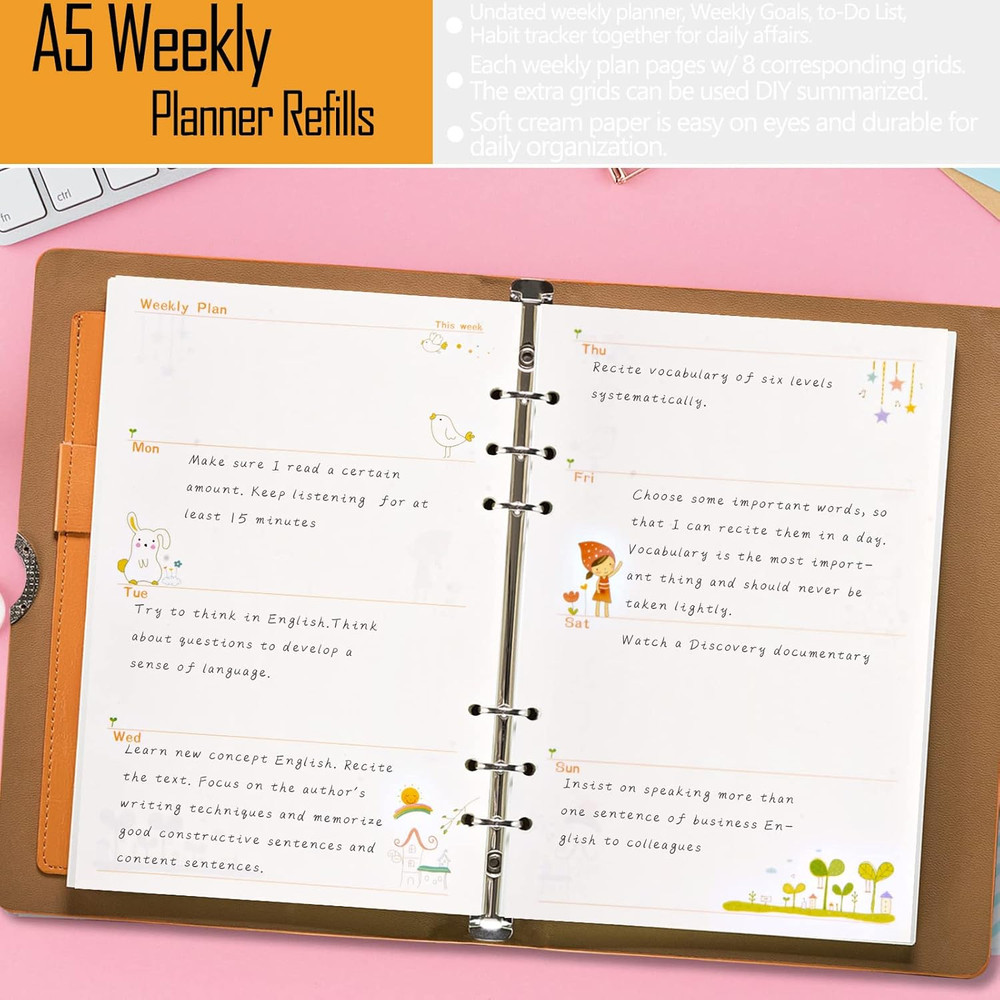 A5 Planner Inserts Weekly Planner Refills, 90 Pages Colorful 6-Ring Loose-leaf P