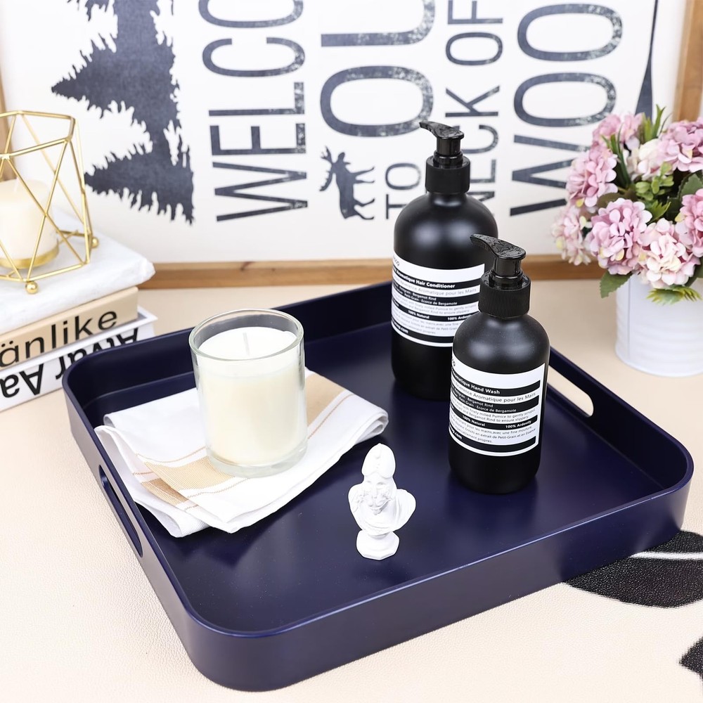 Square Navy Blue Decorative Serving Tray with Handles, Versatile Ottoman Tray...