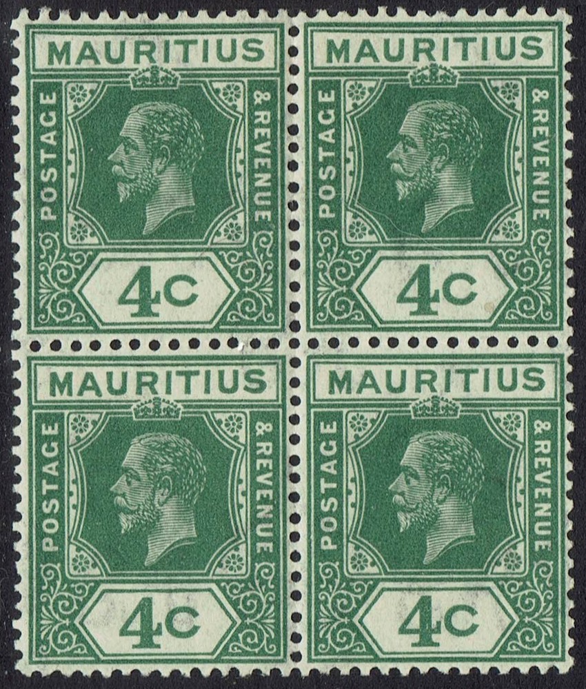 MAURITIUS 1921 KGV 4C BLOCK */** WMK MULTI SCRIPT CA