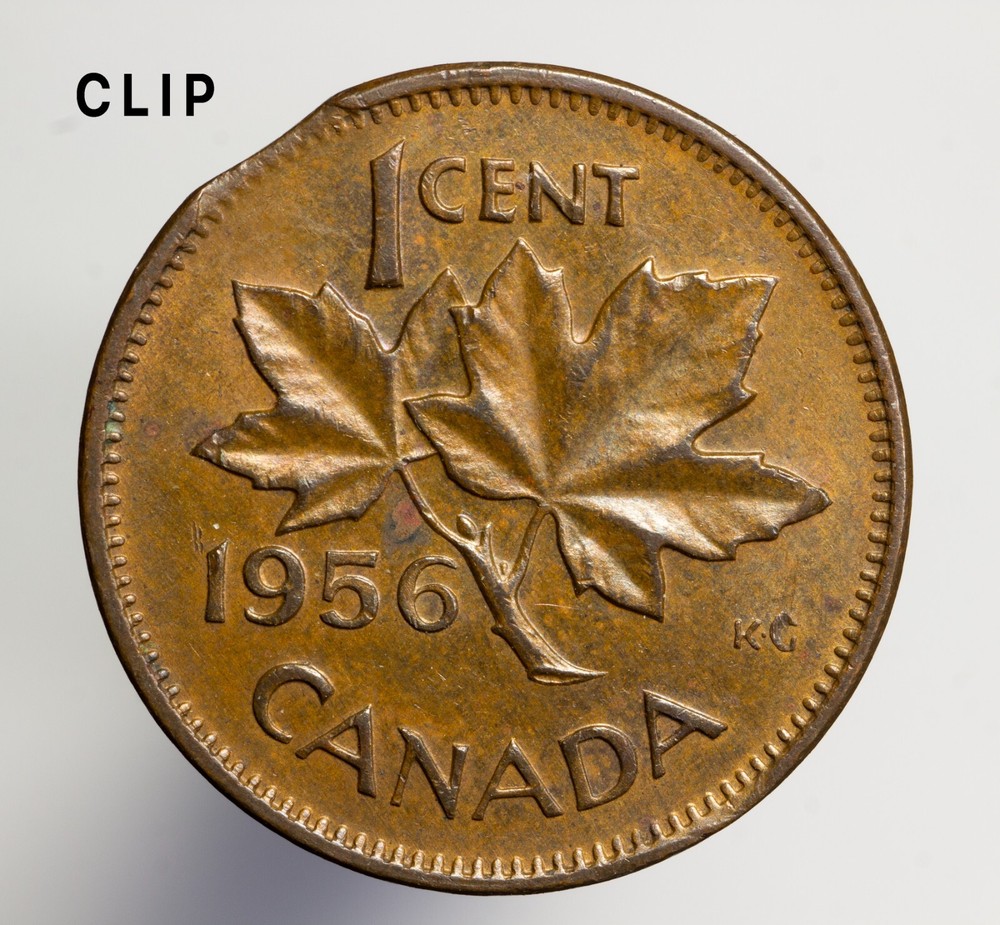 error - 1956 Canada Cent Error!  Clipped Planchet! OLDER DATE!  CLIP ERROR