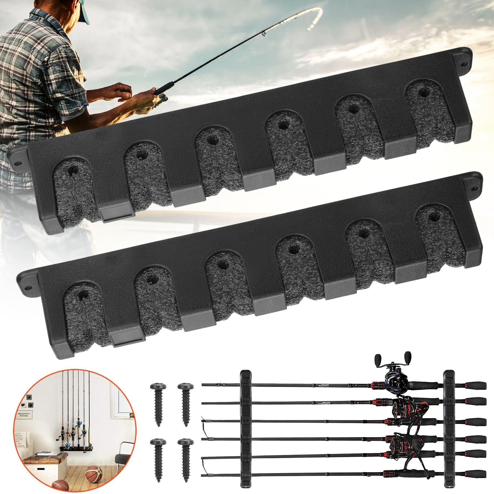 Horizontal Boat Fishing 6 Rod Rack Wall Mount Vertical Holder Storage Pole Stand