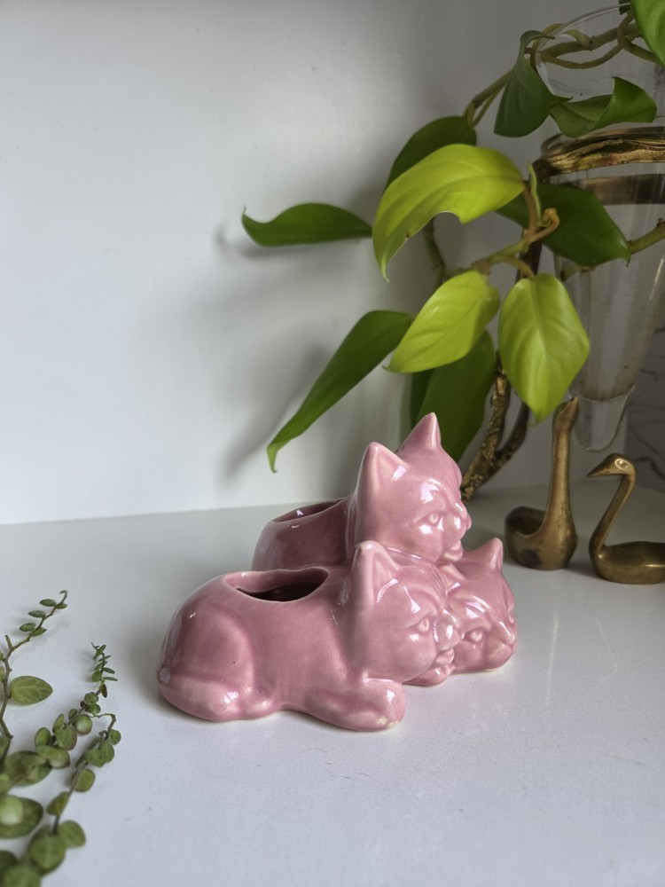 Vintage Ceramic Pink Triple Three Cat Planter