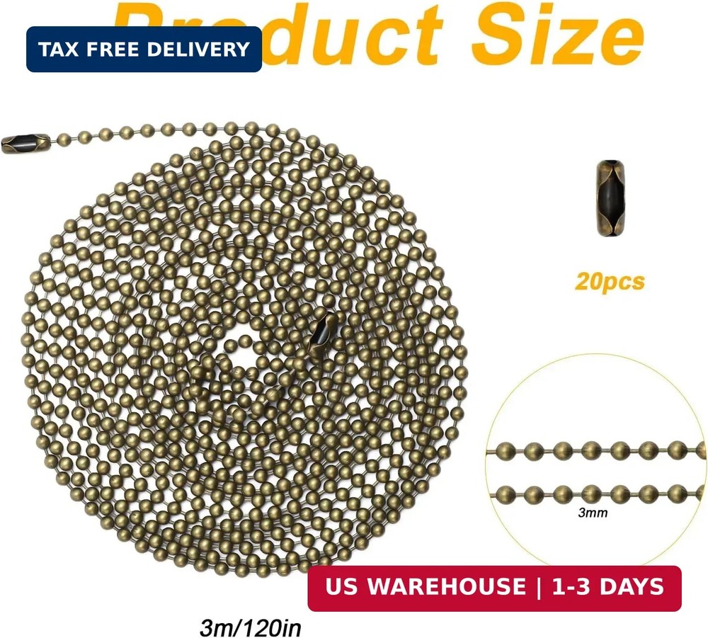 120 Inches Ceiling Fan Pull Chain, Metal Light Pull Chain Extension with 20 Conn