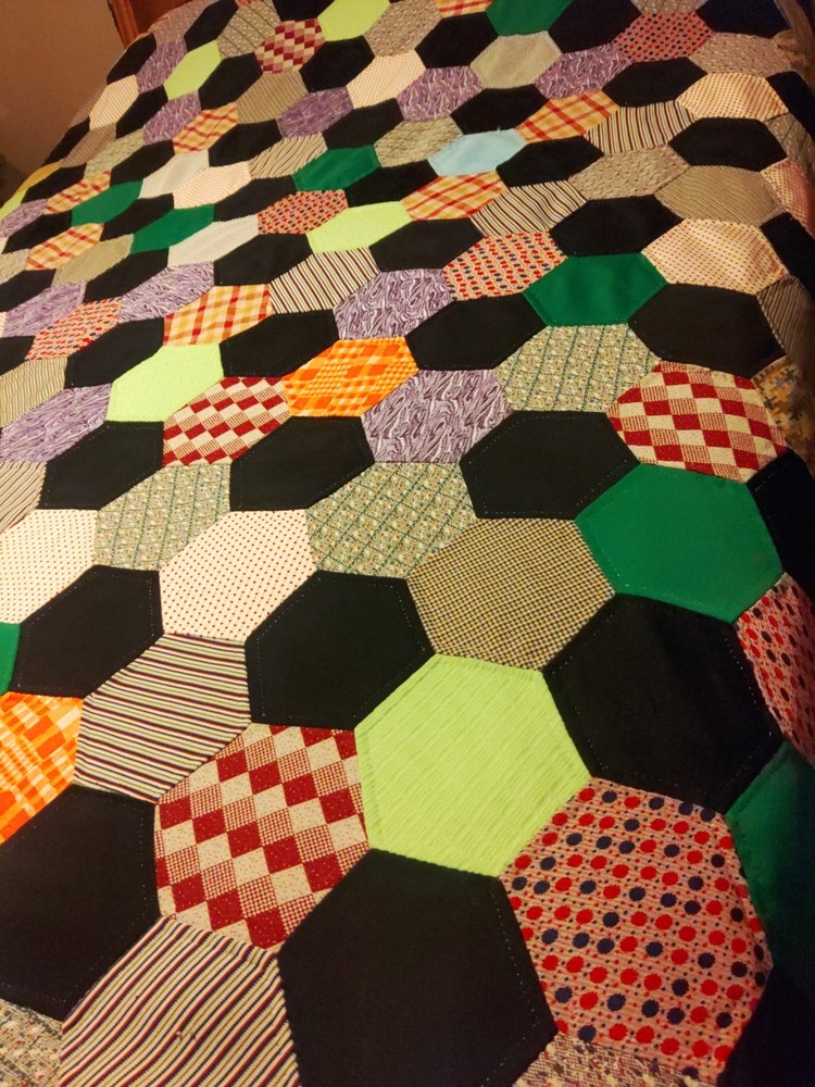 Vintage Hand Stitched 88x80 Hexagon Patchwork Quilt